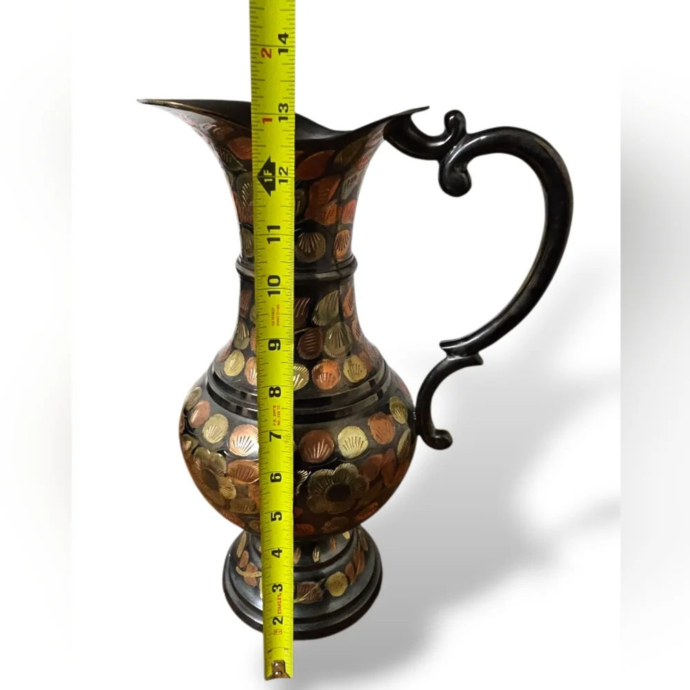 Antique Mid-Century MCM Copper Solid Brass Pitcher Etched Floral Ewer Vase VTG